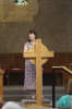 Roberta McKay addresses the congregation regarding the work of HopScotch