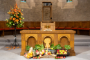 Communion table decorated for Harvest